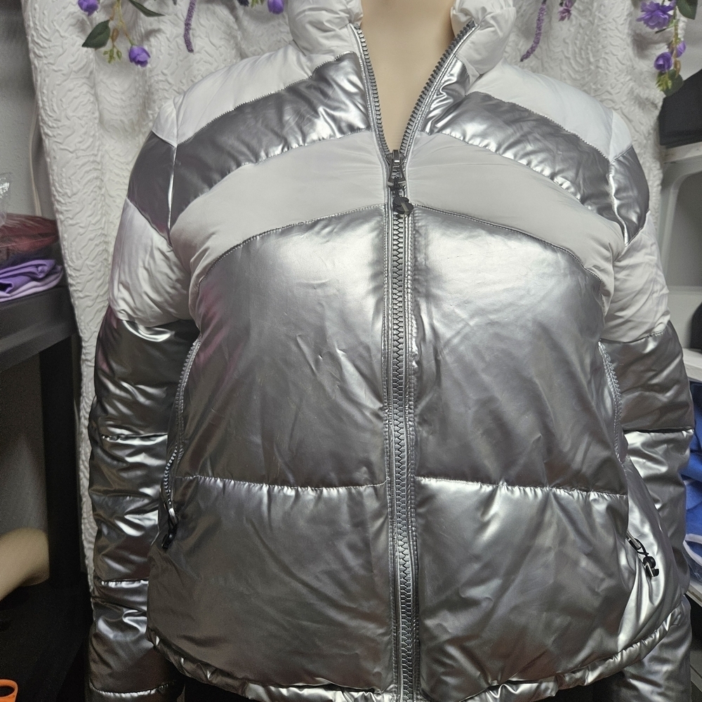 Sports Illustrated Swim Silver Gray Puffer Jacket with Futuristic Gloss